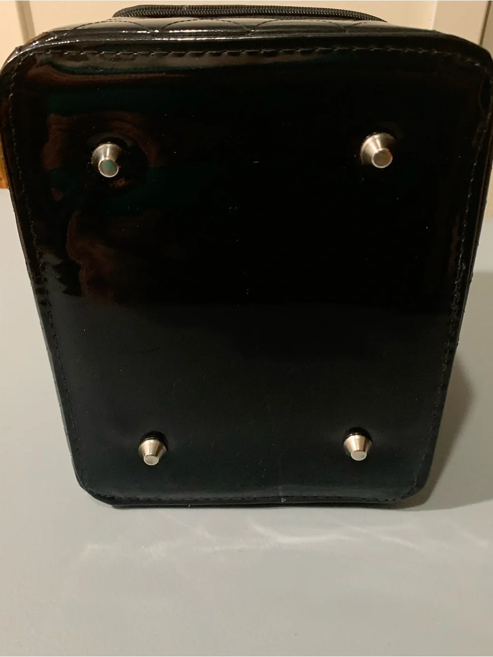 Black Quilted Patent Cosmetic Train Case with Double Handles